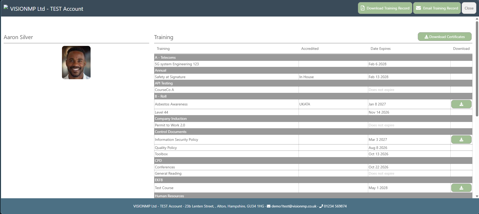 Aaron Silver’s employee training profile