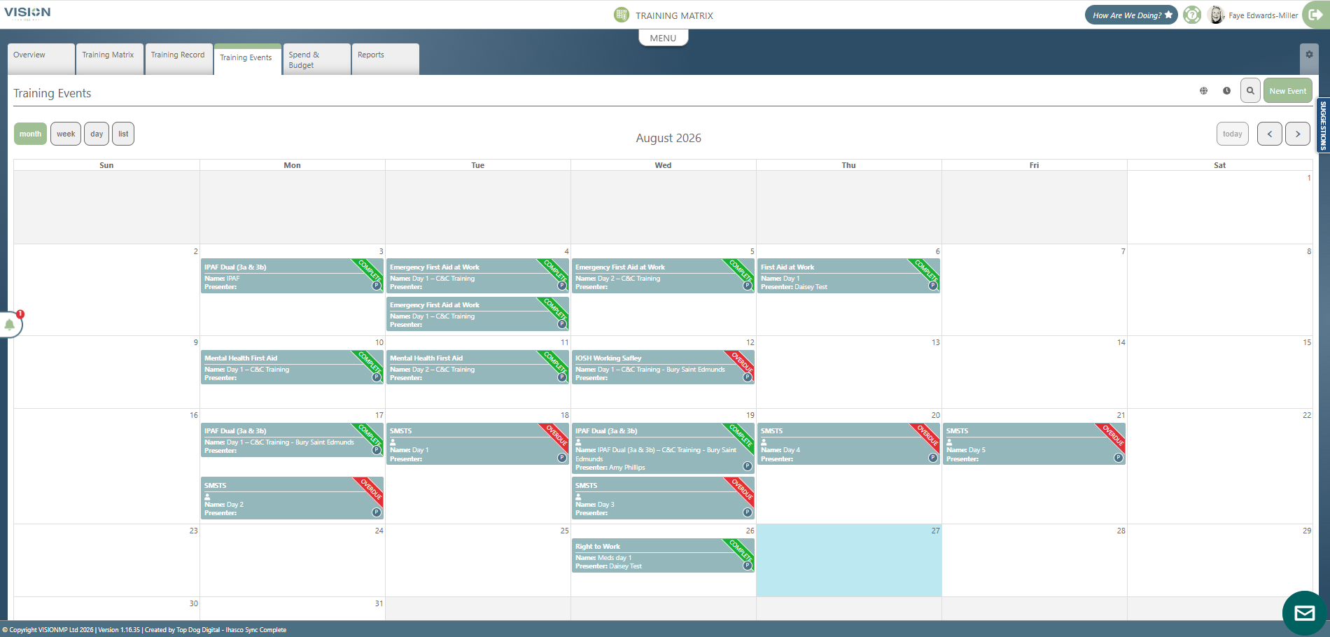 VISION LMS Training Events calendar showing scheduled, completed and overdue training
