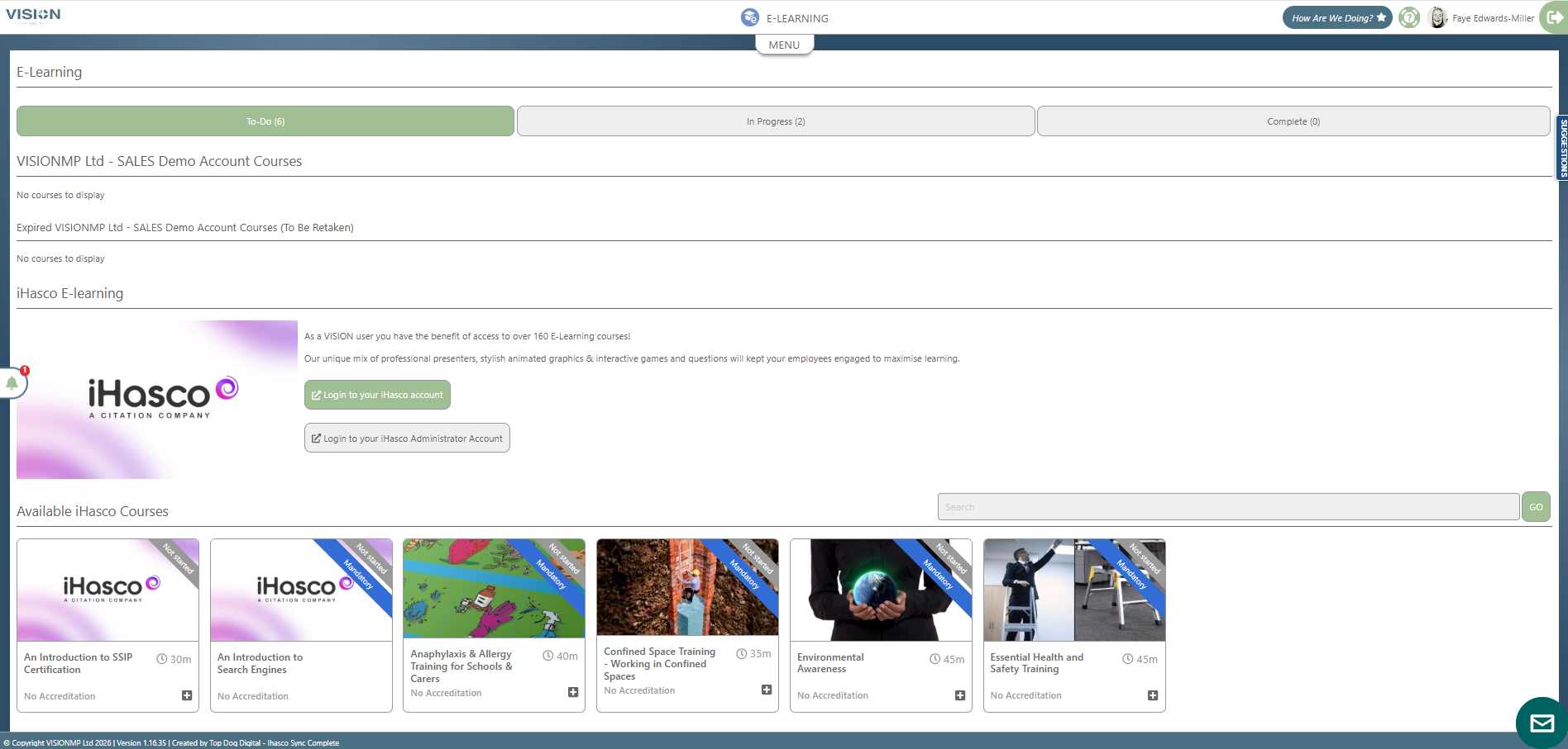 VISION LMS e-learning screen showing assigned online training and completion status