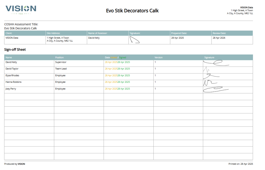 VISION complete sign off sheet with digital signatures, version controls and audit ready records.